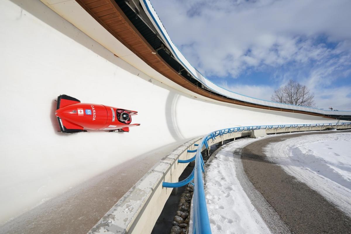 Bobsleigh at speed on ice track