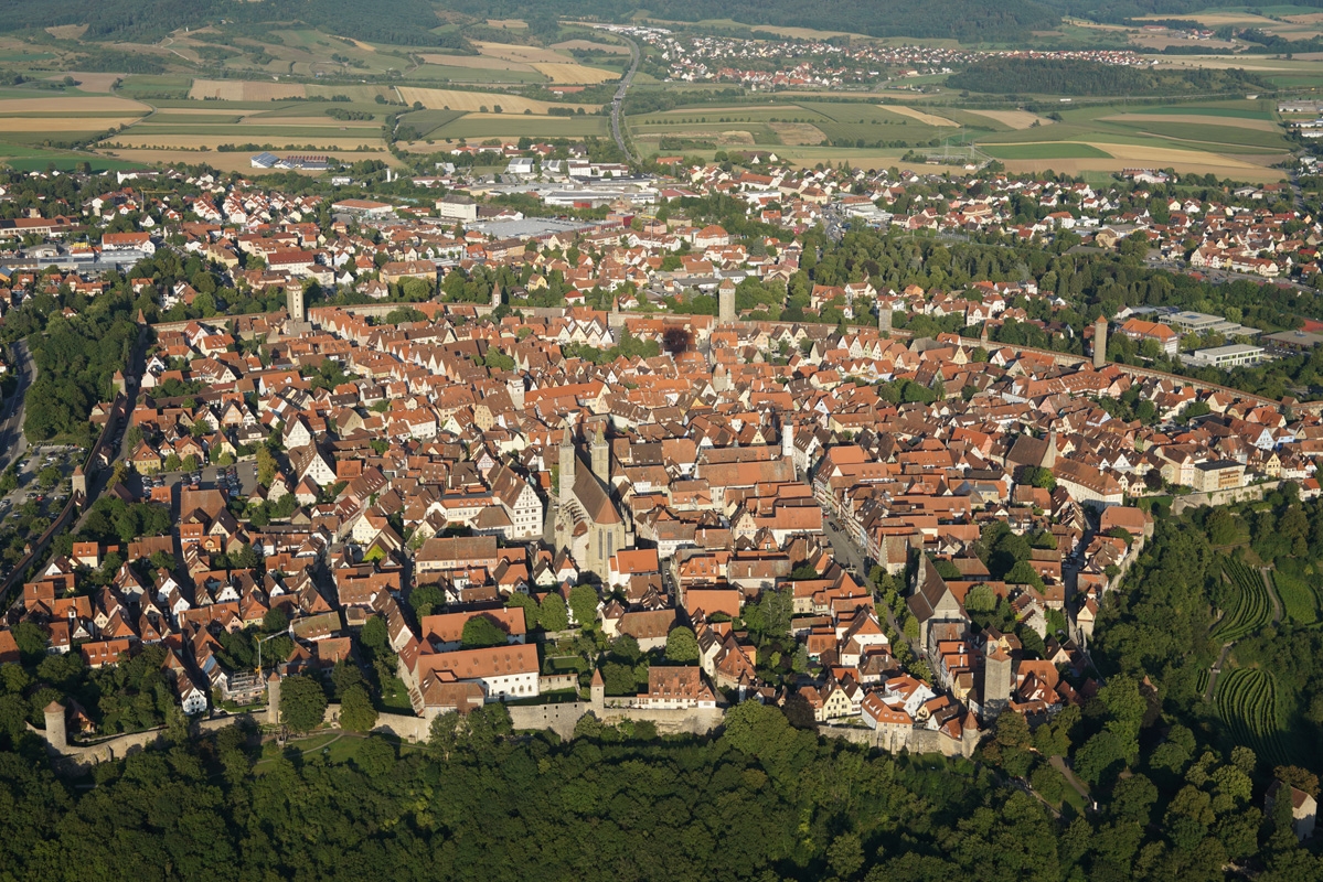 Aerial view of old town with city walls (Rothenburg, Germany)