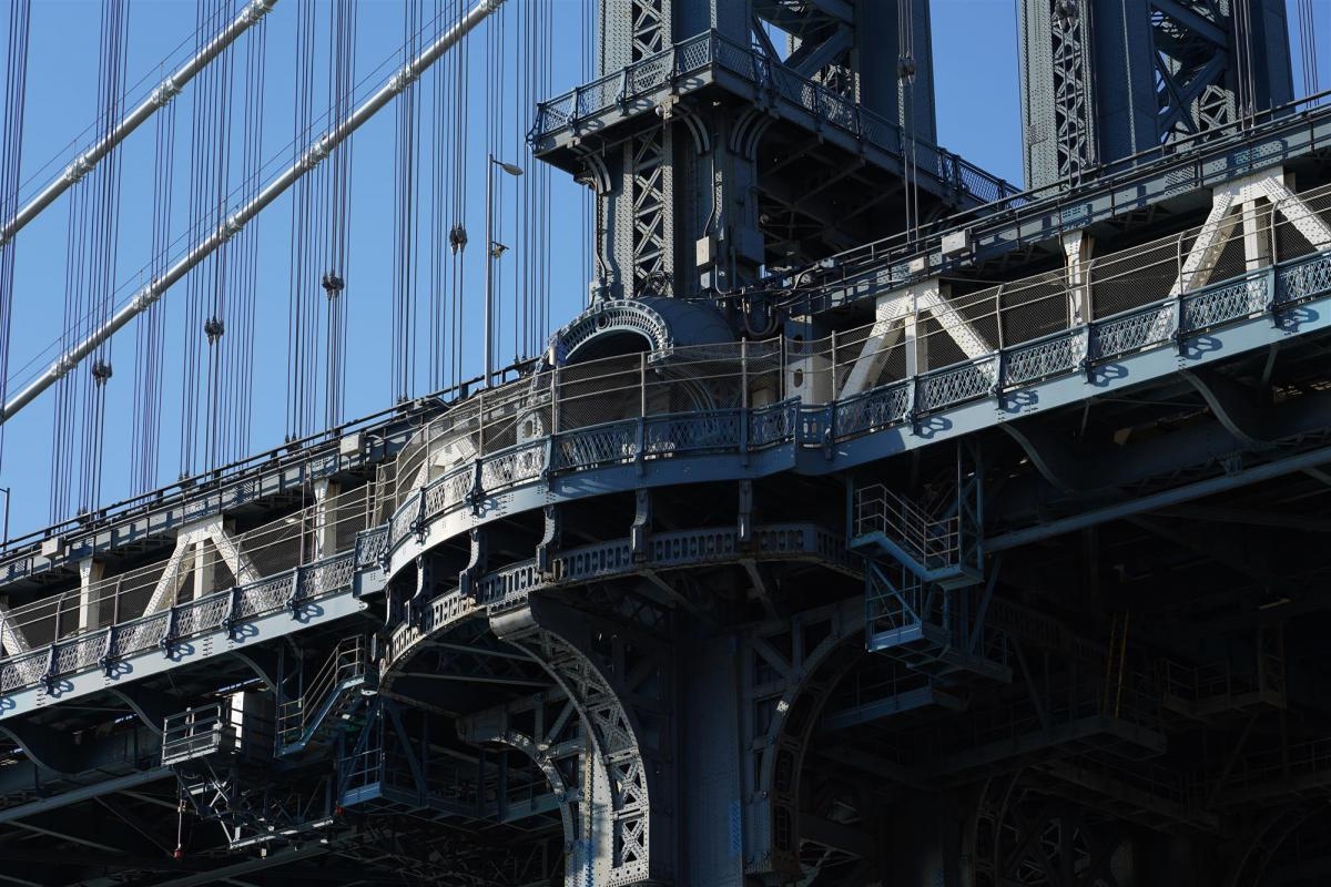 Close-up of suspension bridge pier and deck