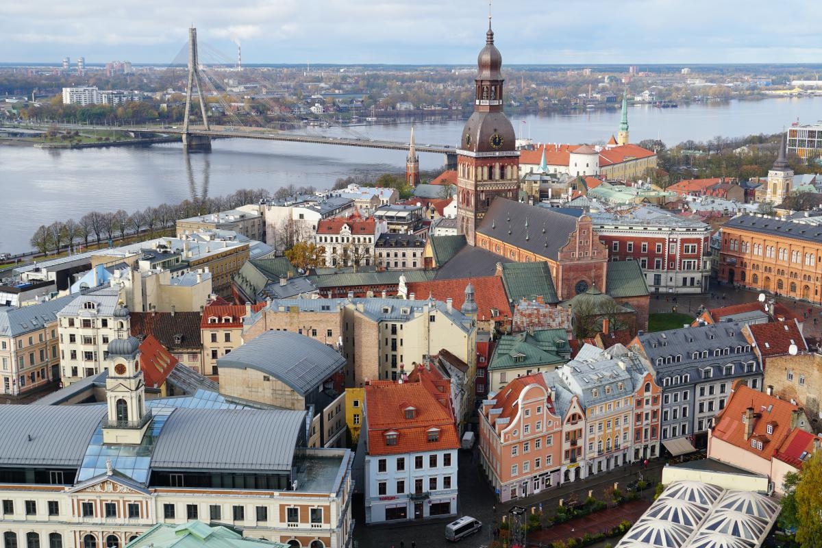 Landscape shot of the city of Riga with cathedral and river
