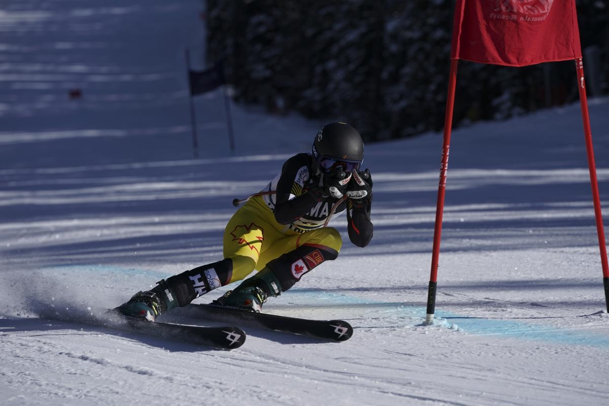 Competitive skier weaving in between red flags