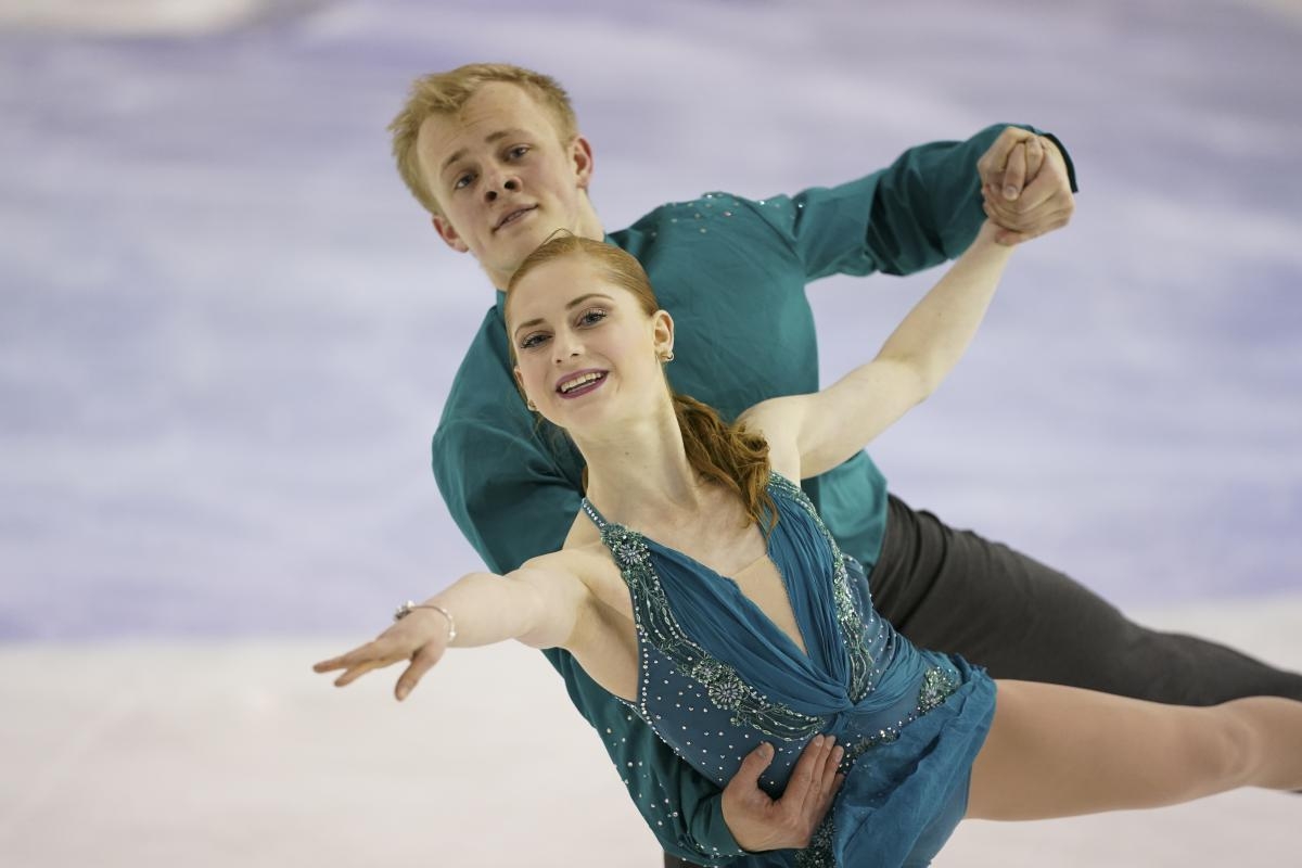 Action shot of an ice skating couple