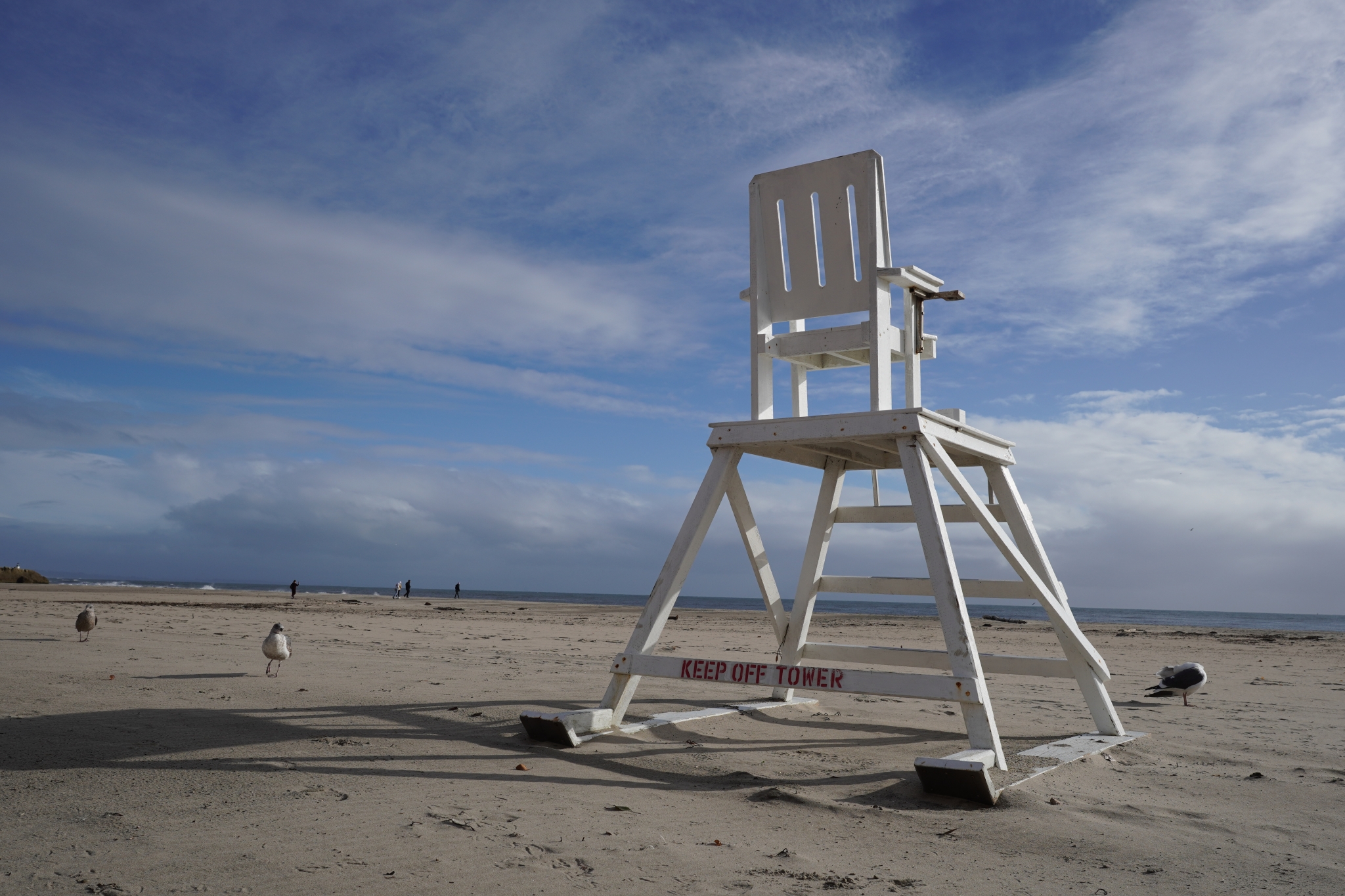 White wooden chair on sandy beach with seagulls