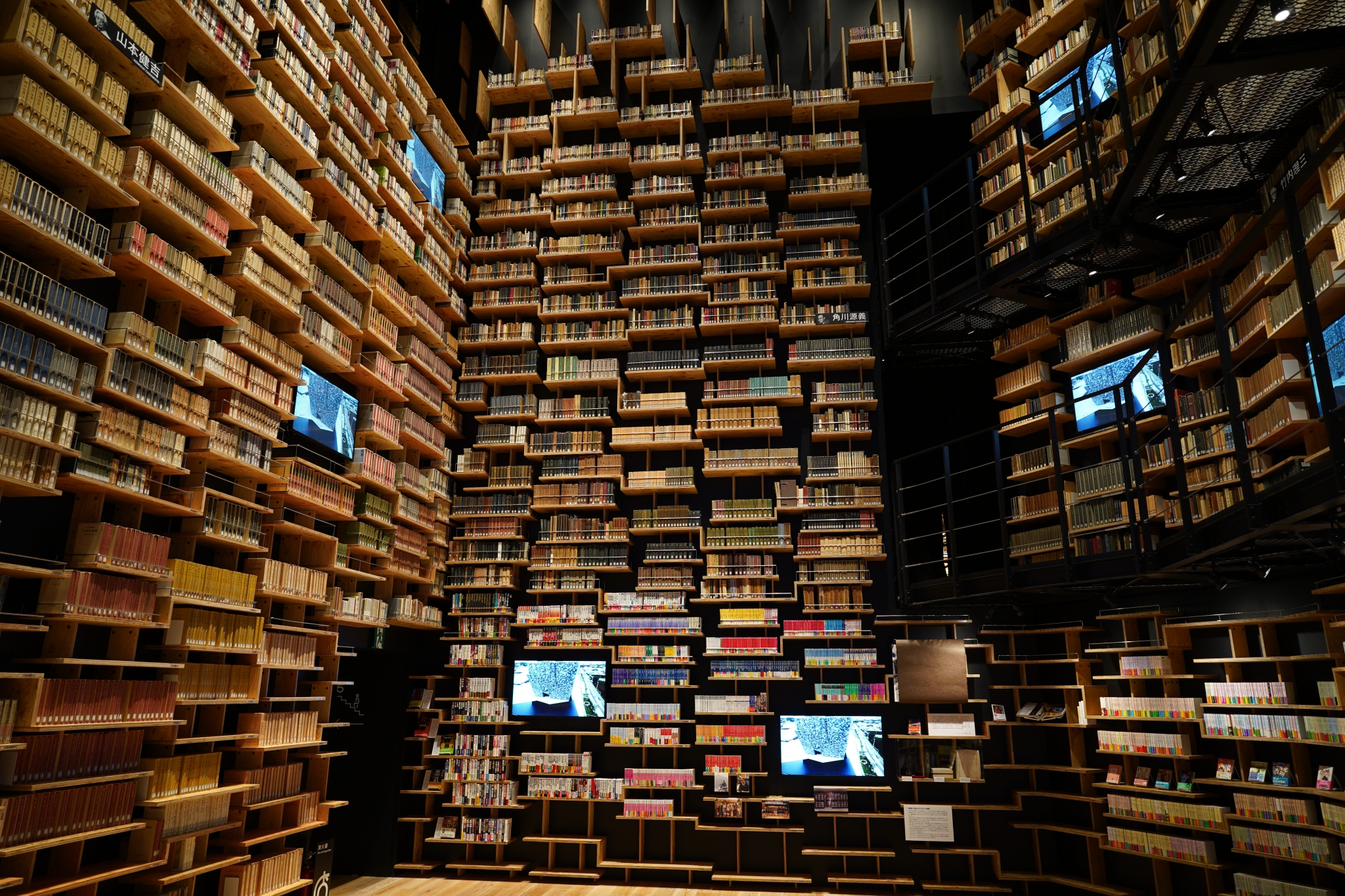 Large video library with tall ceiling and shelves stacked with tapes and screens