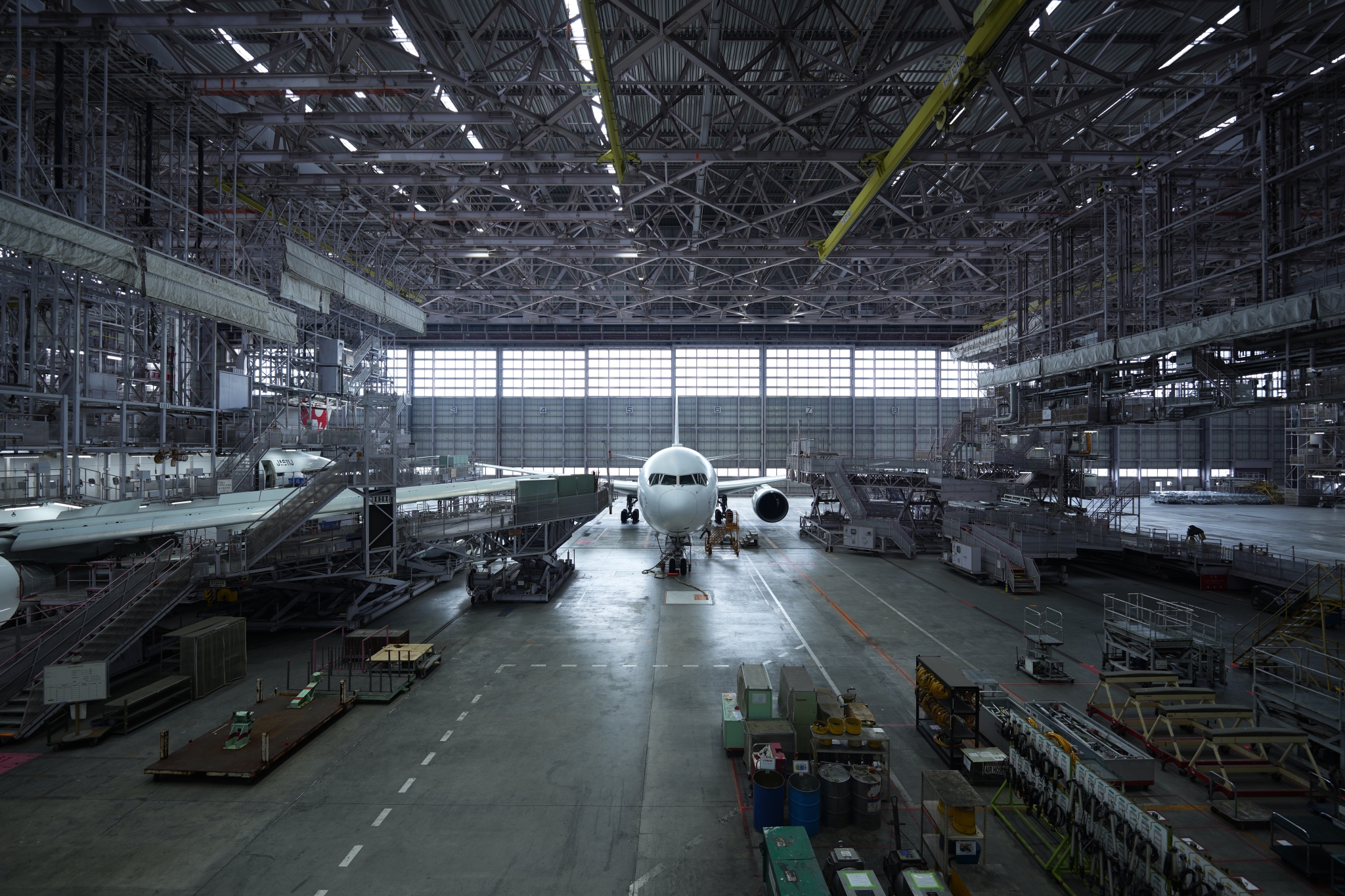 Wide shot of aeroplane hangar