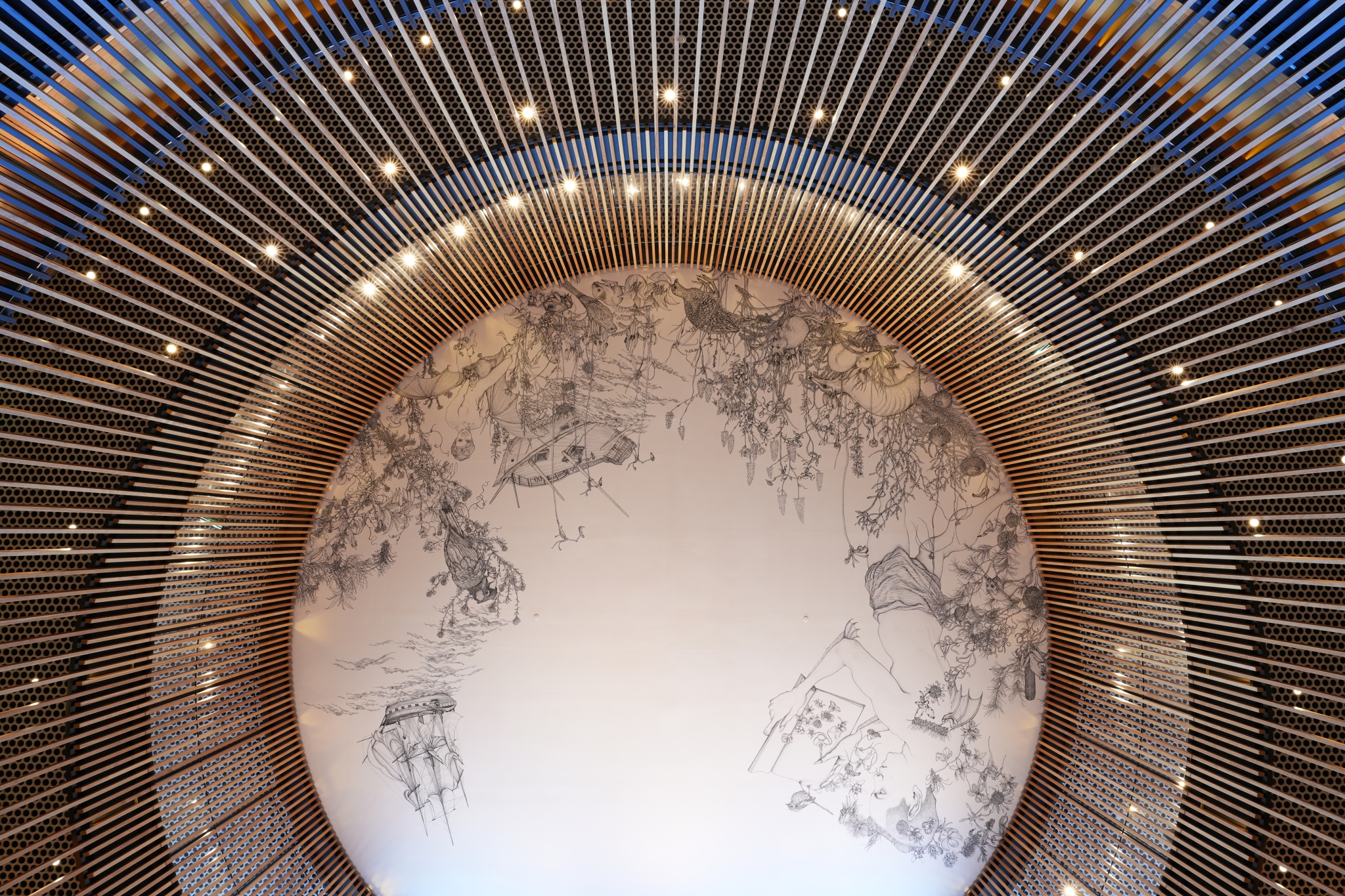 Illustrated ceiling in a circular design