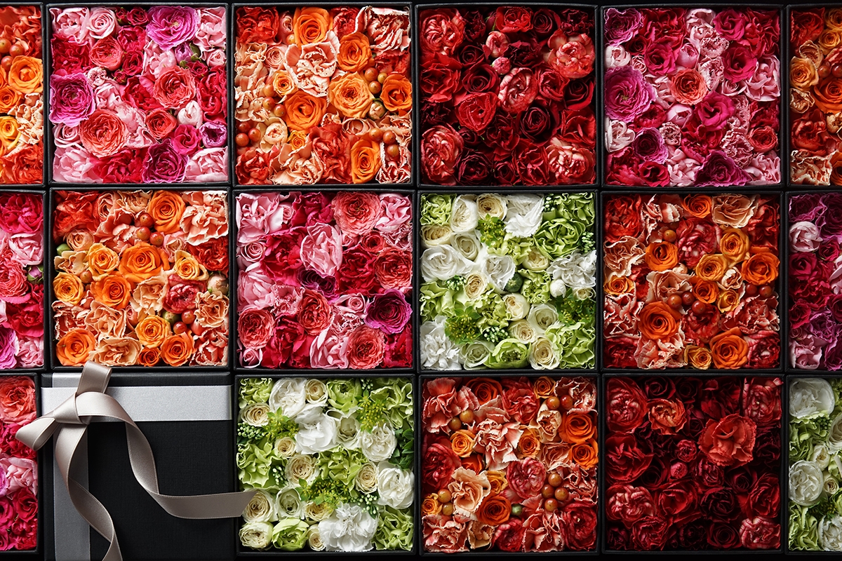 Floral art display showing roses of several colours in boxes