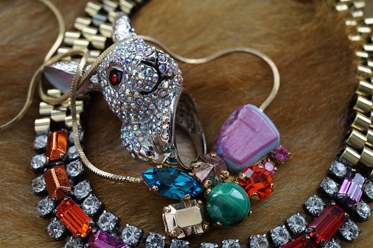Close-up of necklace and other jewellery and trinkets