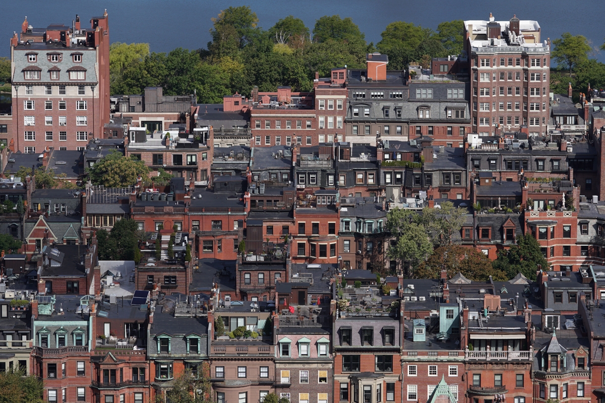Aerial shot of historical brownstone housing area (Boston, MA, US)