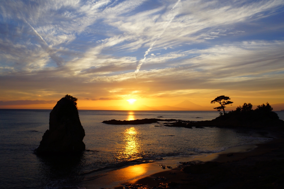 Coastal scene at sunset with tree-covered promontory, rock and clouds