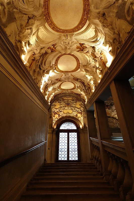 View up staircase with ceiling and wall decoration