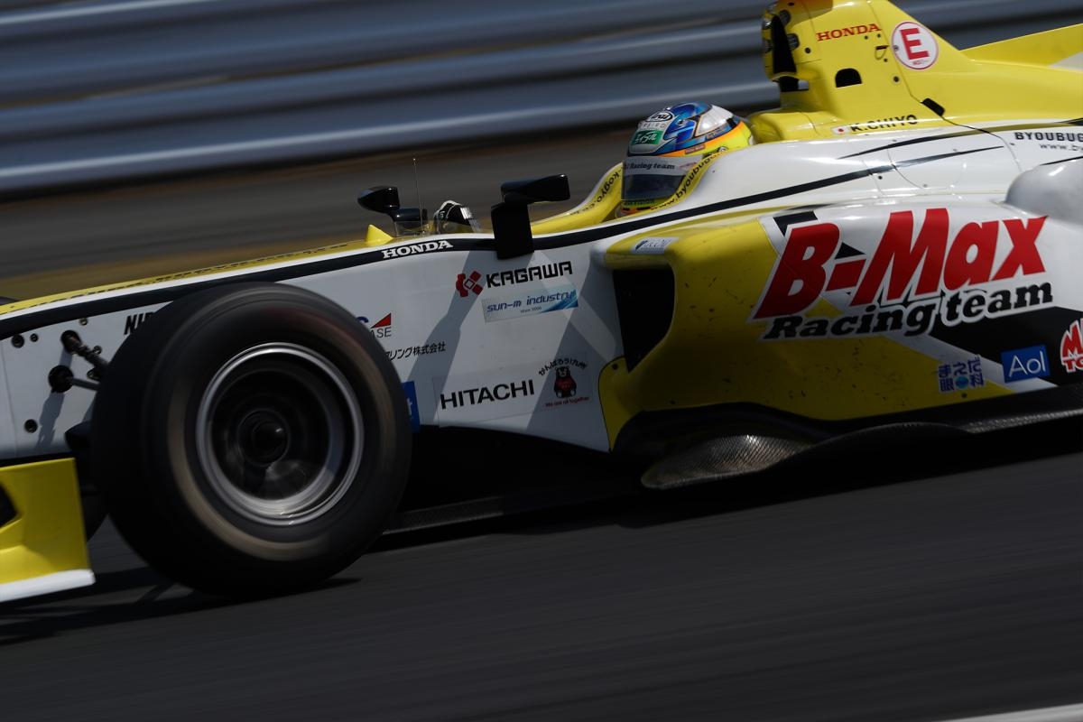 Side view of racing car at speed with background motion blur