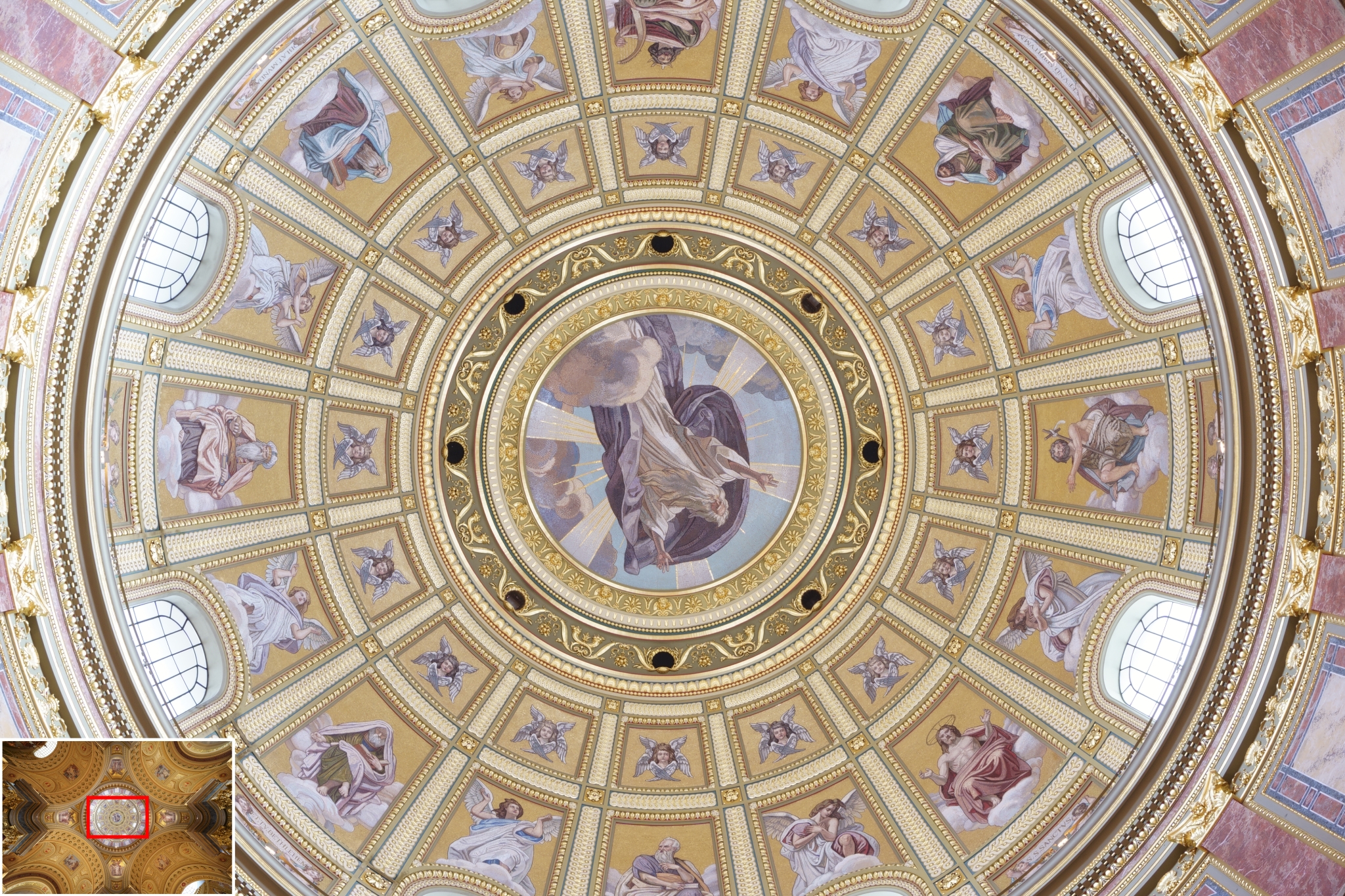 Zoomed-in shot high decorative ceiling demonstrating three times magnitude