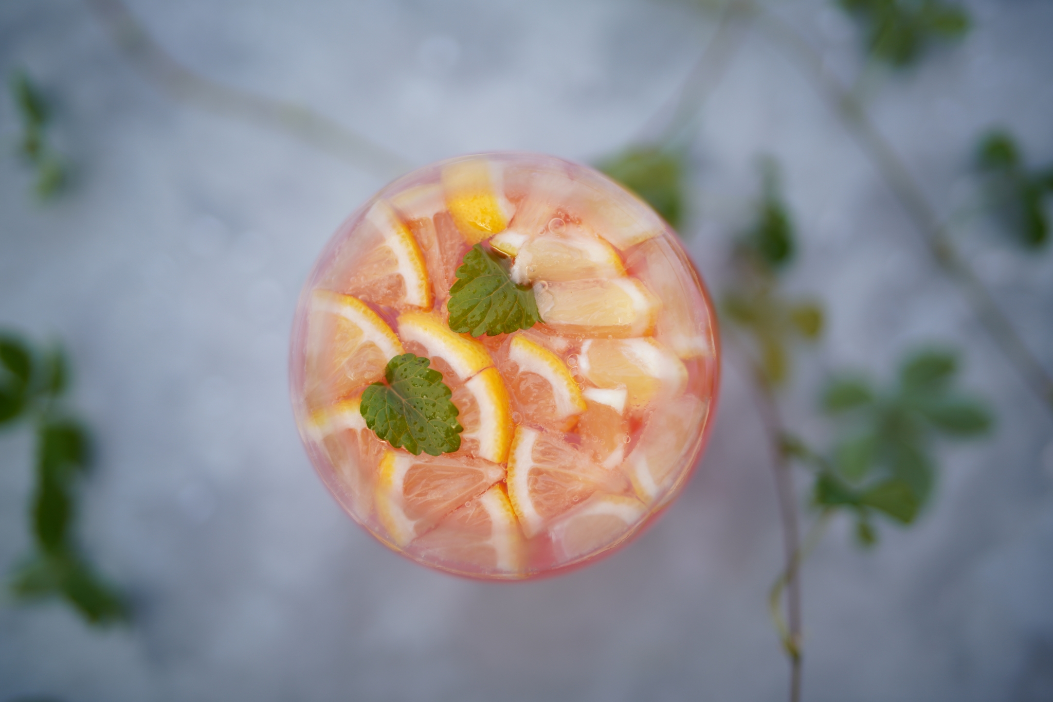 Lemon-covered cocktail with green leaves in deep bokeh background