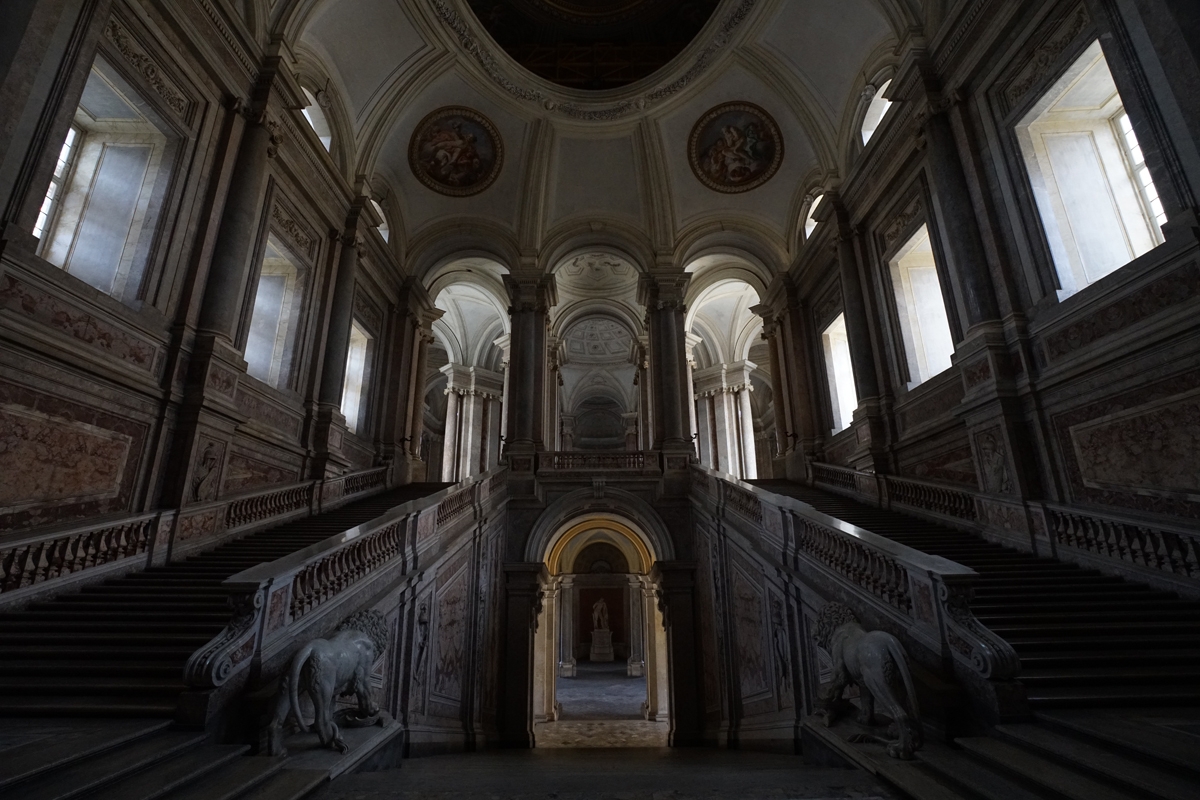 Shot of ornate double staircase in low light