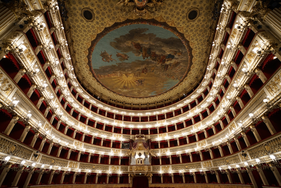 Shot of interior of ornate auditorium with balcony boxes and ceiling mural