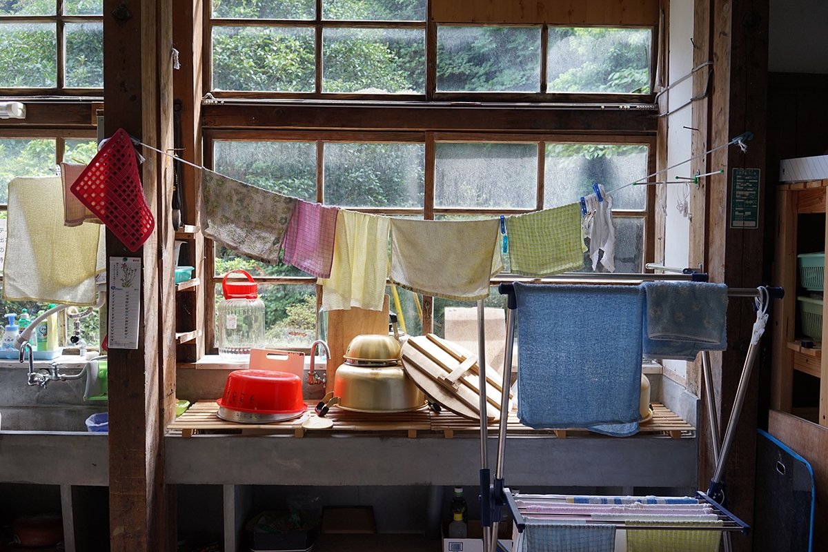 Towels drying on washing line inside window