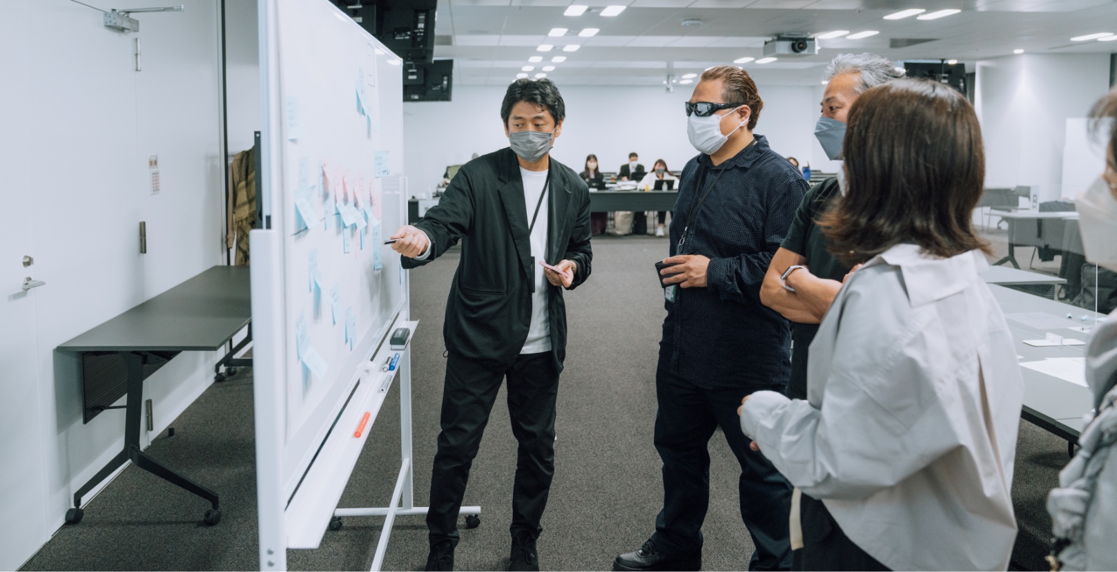 A group of people looking at a white board with sticky notes on it.