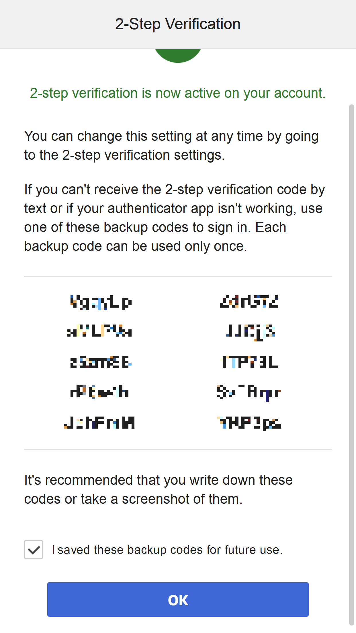 2-Step Verification Backup code view